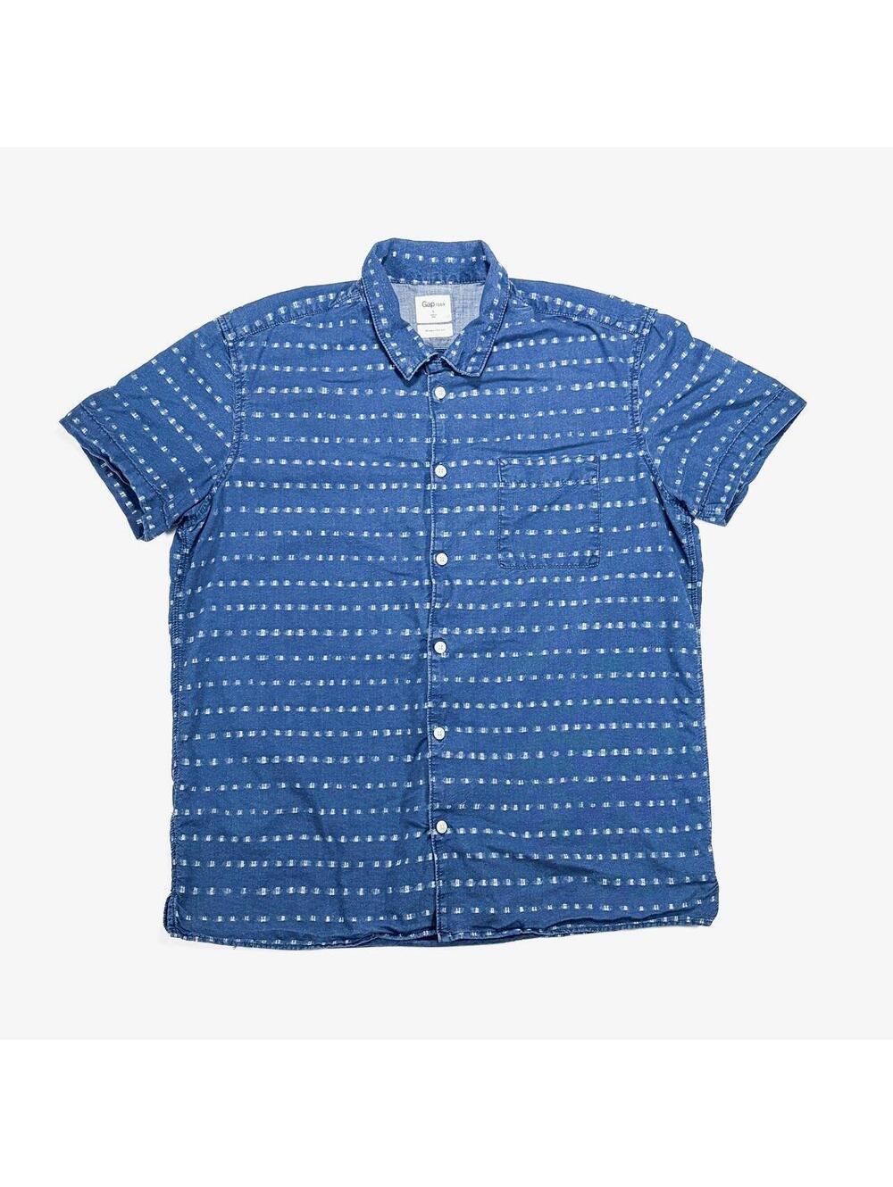 Short Sleeve Button Up Shirt Indigo Blue w/ White Details Large